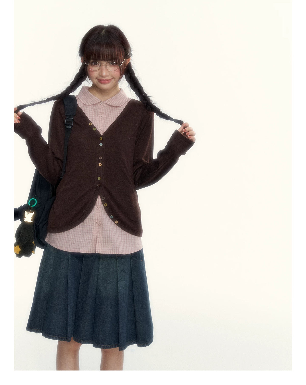 “Chestnut Book Knit” Red Brown Faux-Layered Colorful Button Cardigan
