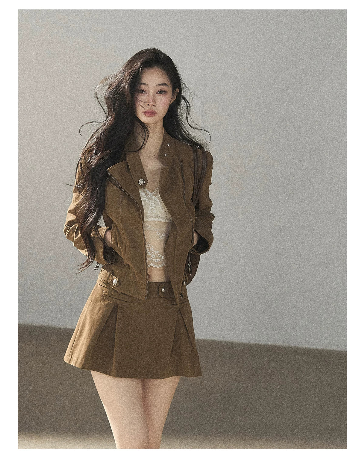 AOMALM - "Olive Autumn" Brown Faux Leather Jacket & Pleated Skirt Set