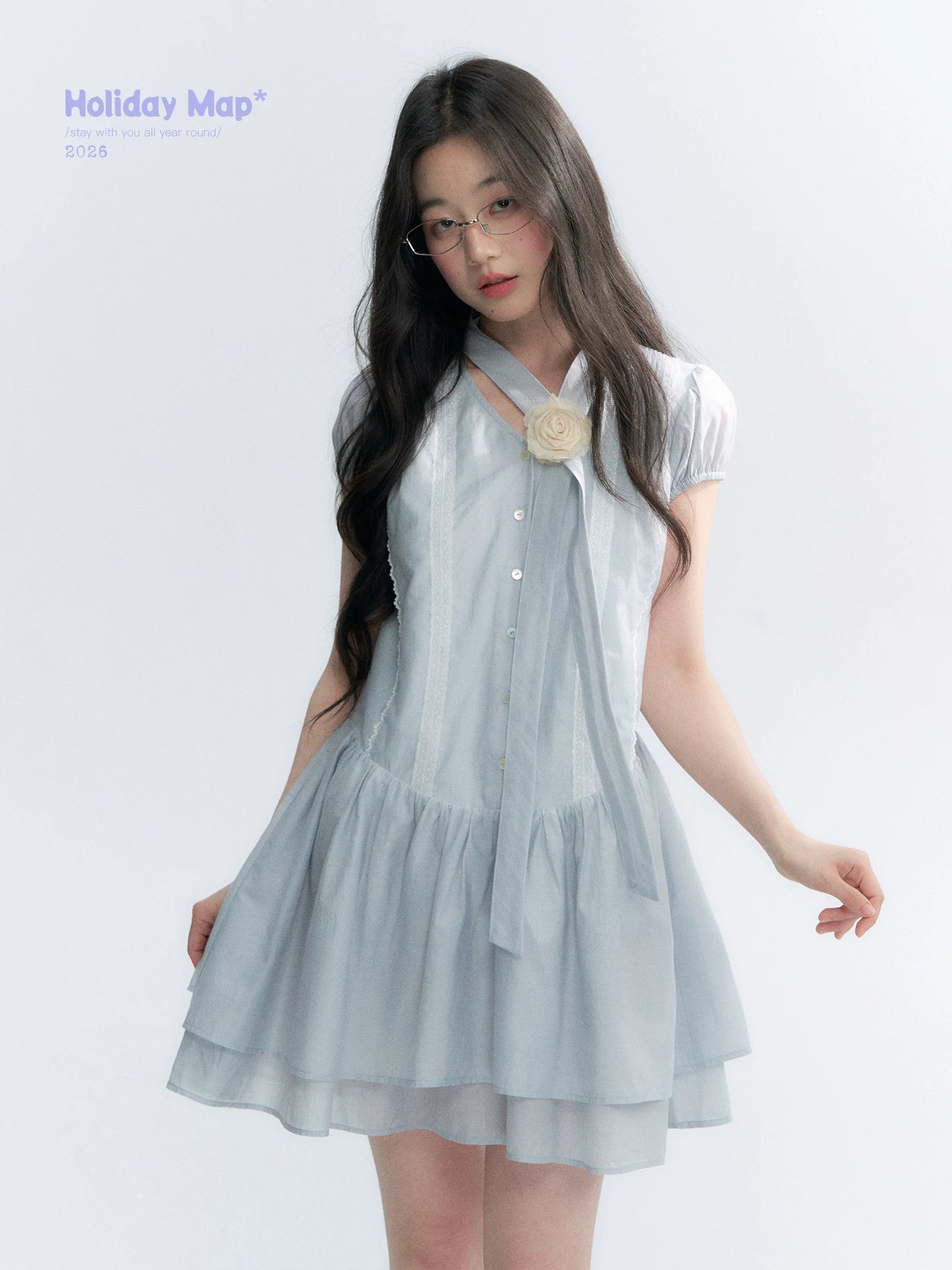 "Cedar Salt" Cool Moon Blue Lace Trim Puff Sleeve Dress