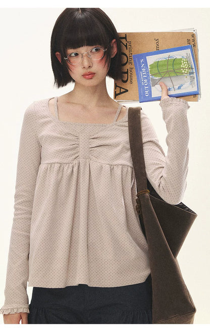 "Sweet Favorite" Polka Dot Faux-Layer Bow Knit Top (Gray Brown/ Blush Pink)