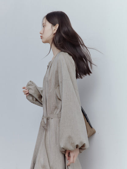 FUSSED Misty Forest Flowy Linen Blend Dress – Gray-Brown Green FOF-25SS135