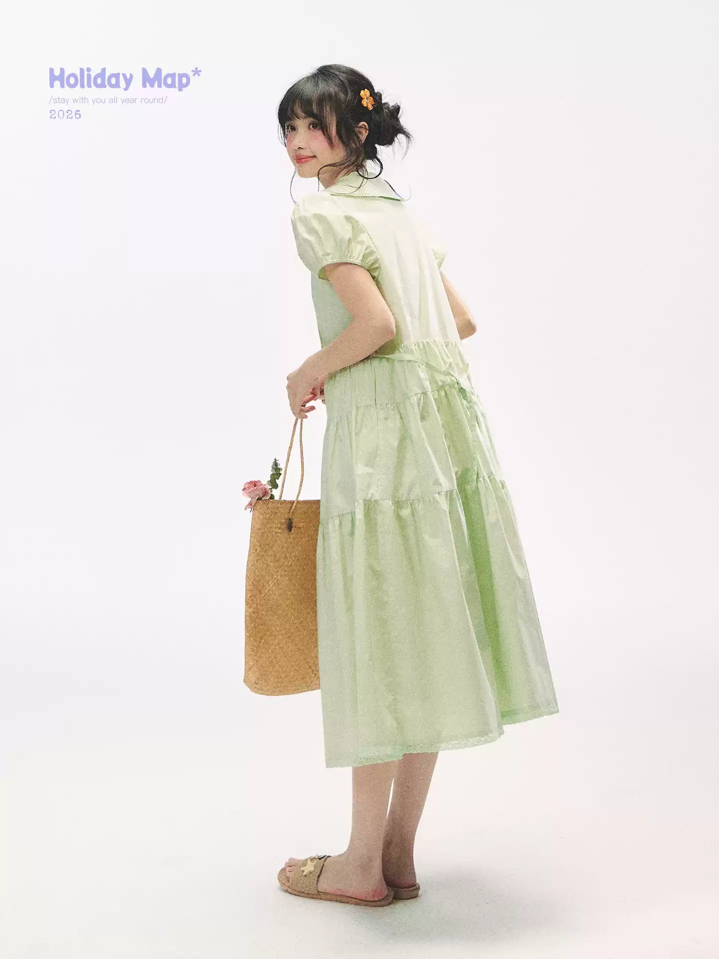 "Mint Forest" Mint Green Double Collar Tiered A-Line Midi Dress