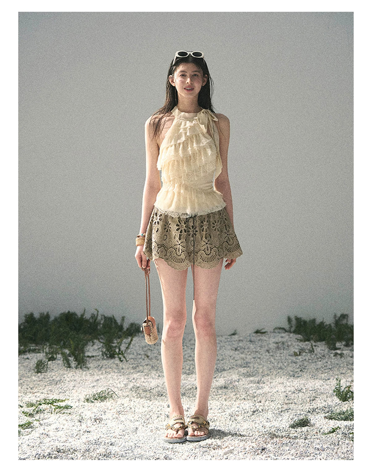 “Spring Traces in Tulle” Pale Butter Lace Halter Top