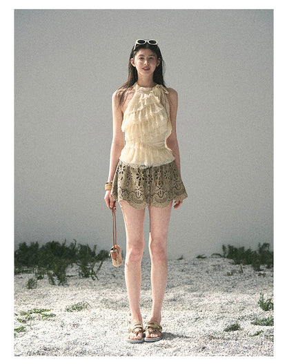 “Spring Traces in Tulle” Pale Butter Lace Halter Top