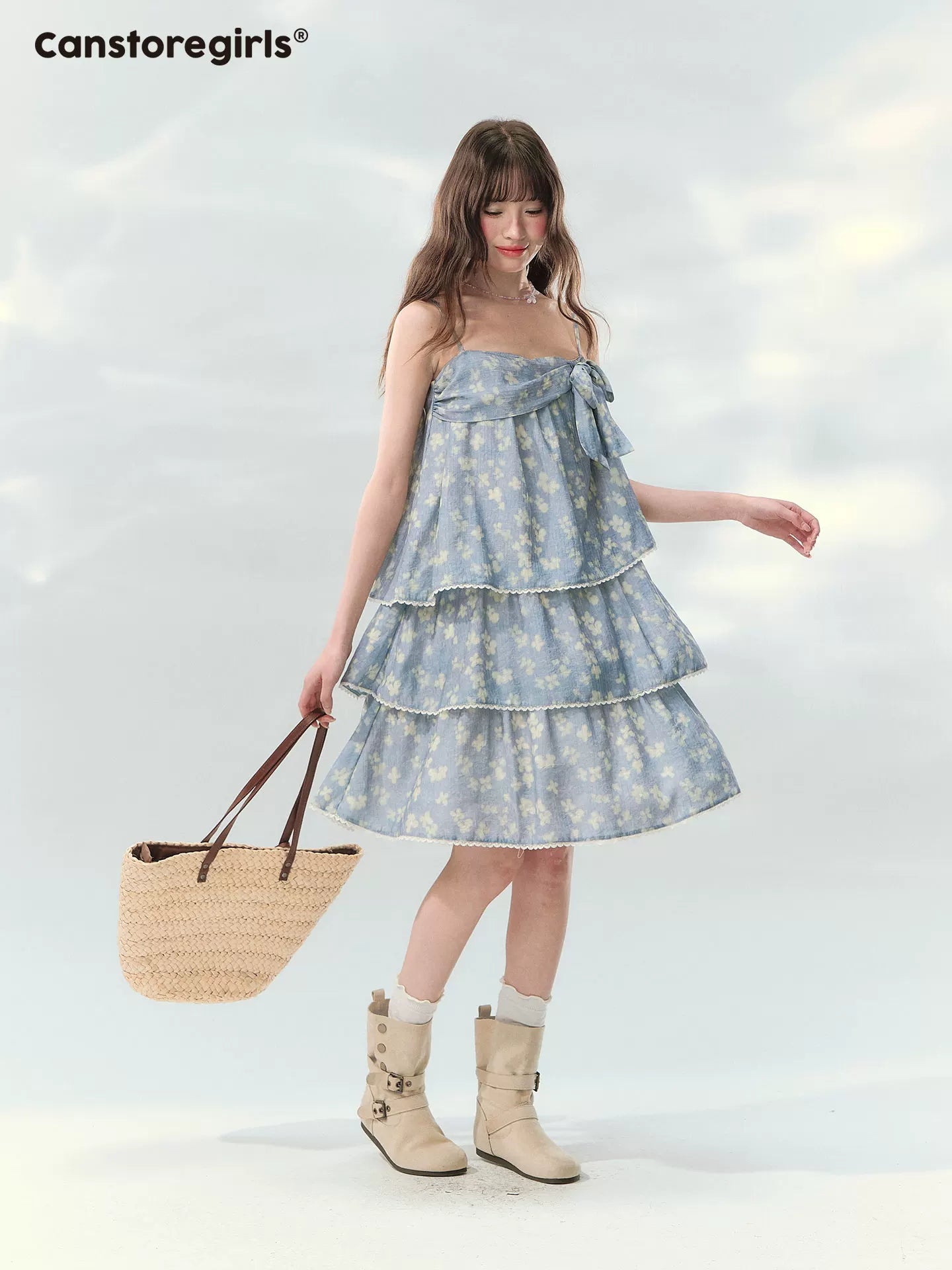 “Blue Mist Petals” Dusty Blue Floral Tiered Mini Dress LL2026120
