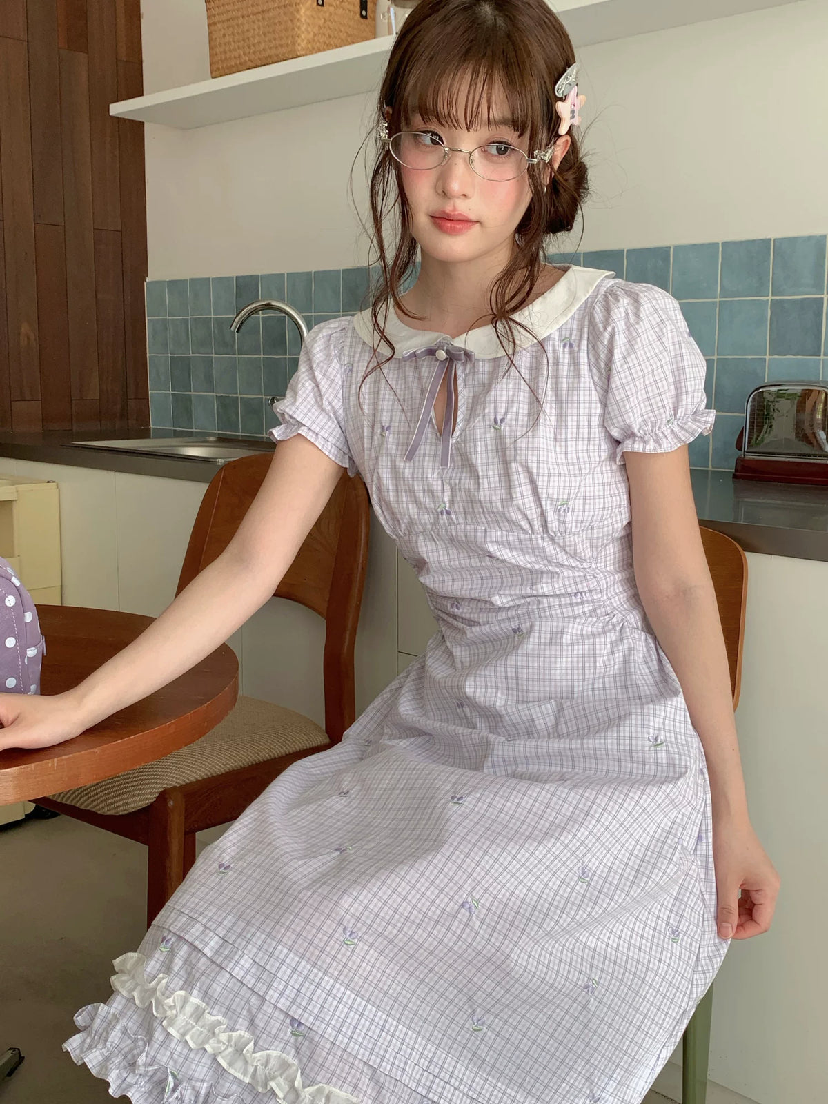 [RF] “Taro Milk Pudding” Purple Plaid Ruffle Midi Dress