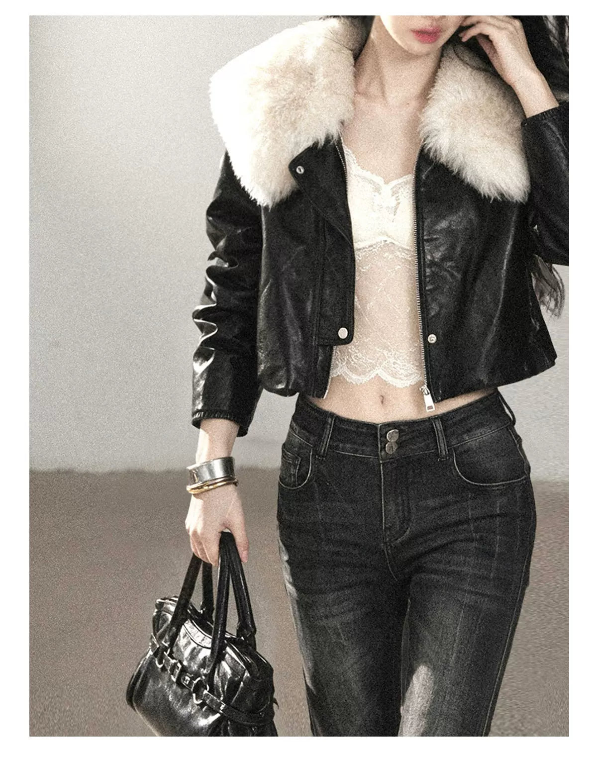 AOMALM - Black Lambskin Leather Goose Down Jacket