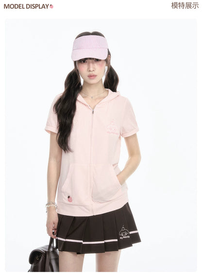 "Strawberry Daydream" Pink Hooded Zip-Up & Brown Skirt Set