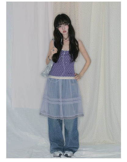 "Lavender Daydream" Layered Collection (Cami Top / Tie Cardigan / Pleated Midi Skirt / Mesh Overlay Skirt / Vintage Jeans)