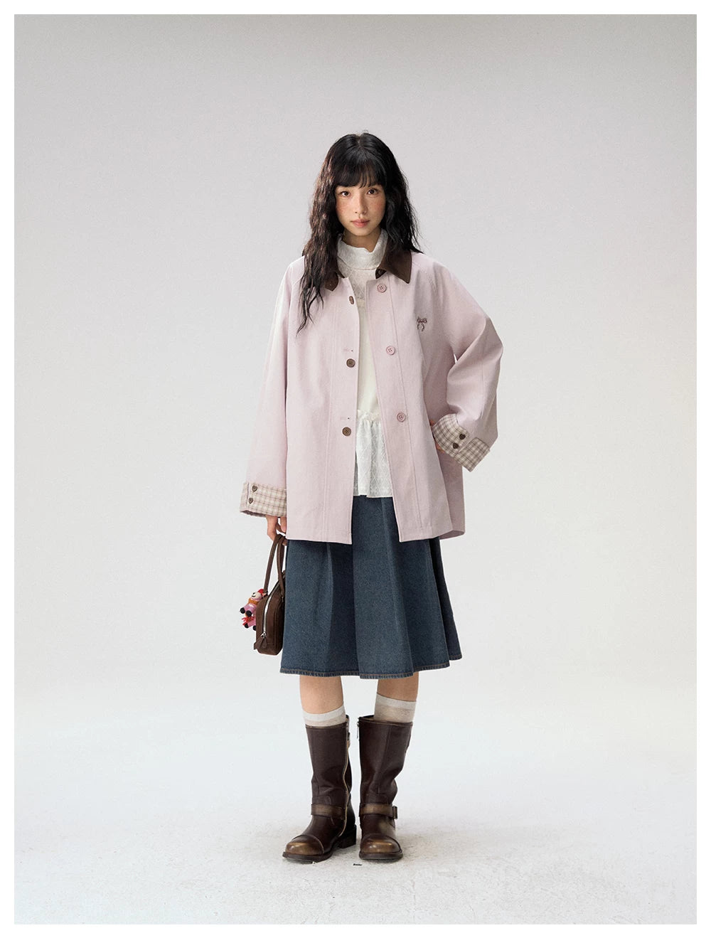 [CAN] Marshmallow & Cookie" Dusty Pink & Brown Plaid Bow Embroidered Trench Coat