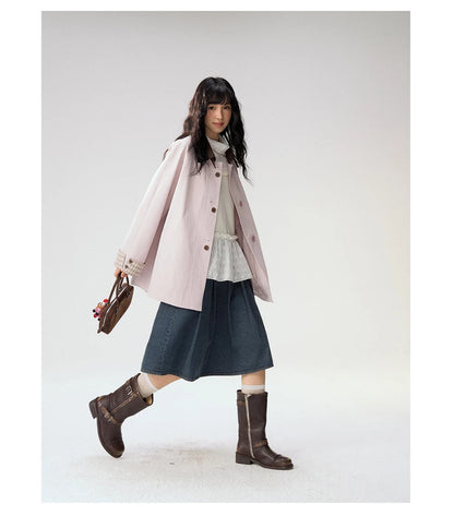 [CAN] Marshmallow & Cookie" Dusty Pink & Brown Plaid Bow Embroidered Trench Coat