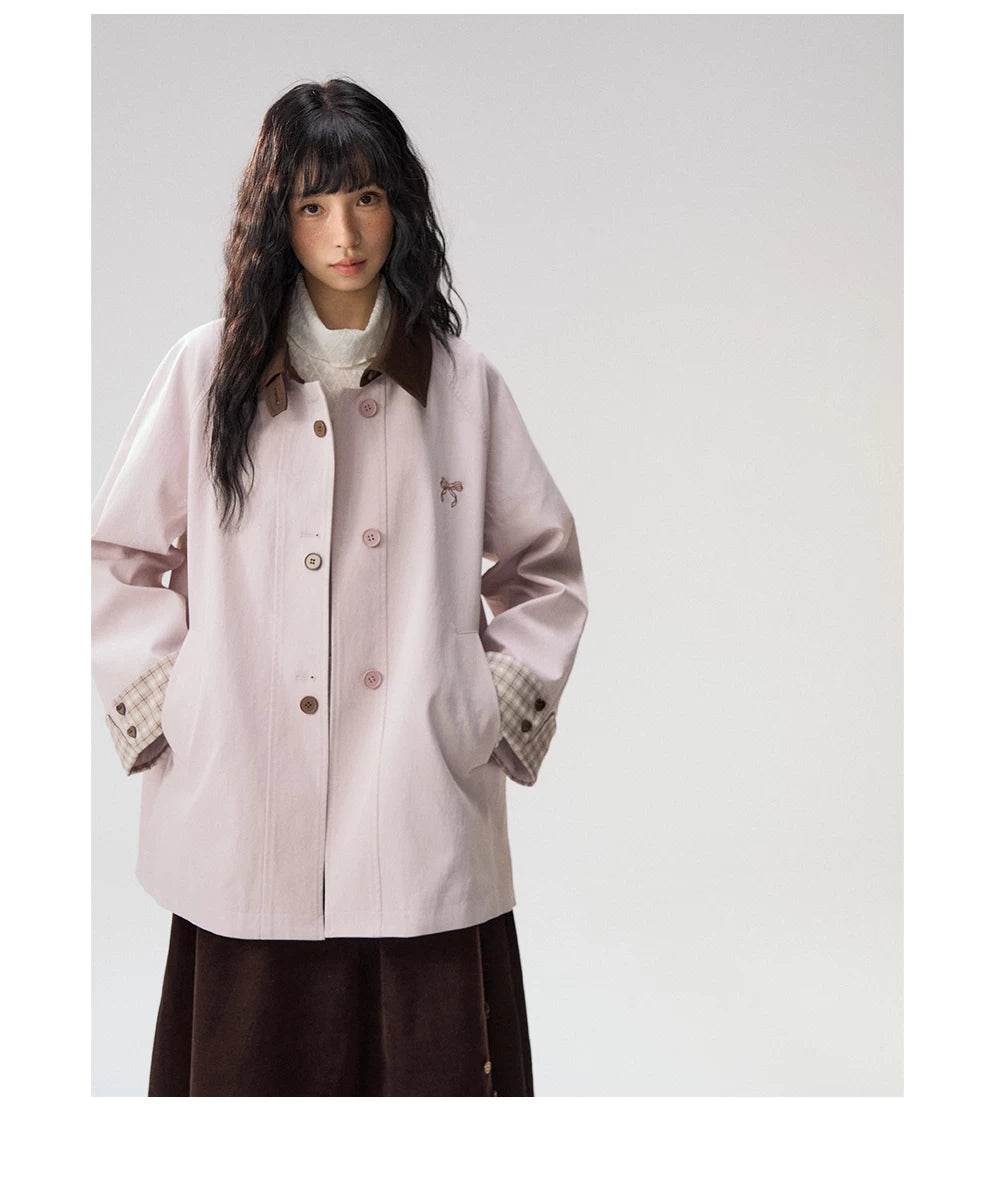 [CAN] Marshmallow & Cookie" Dusty Pink & Brown Plaid Bow Embroidered Trench Coat