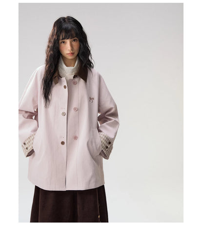 [CAN] Marshmallow & Cookie" Dusty Pink & Brown Plaid Bow Embroidered Trench Coat