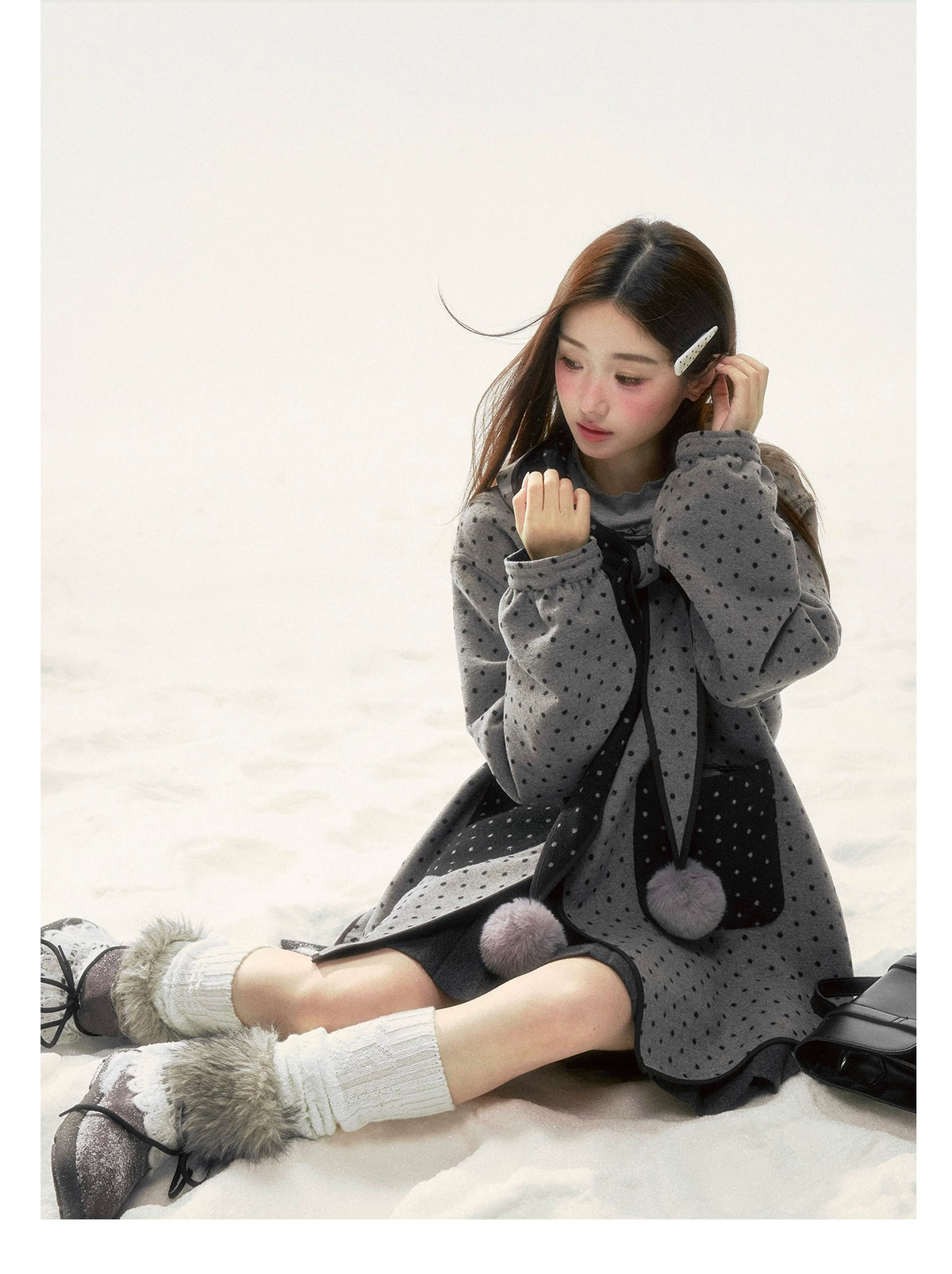 BIBIBENCY - Gray & Black Reversible Polka Dot Wool-Look Coat