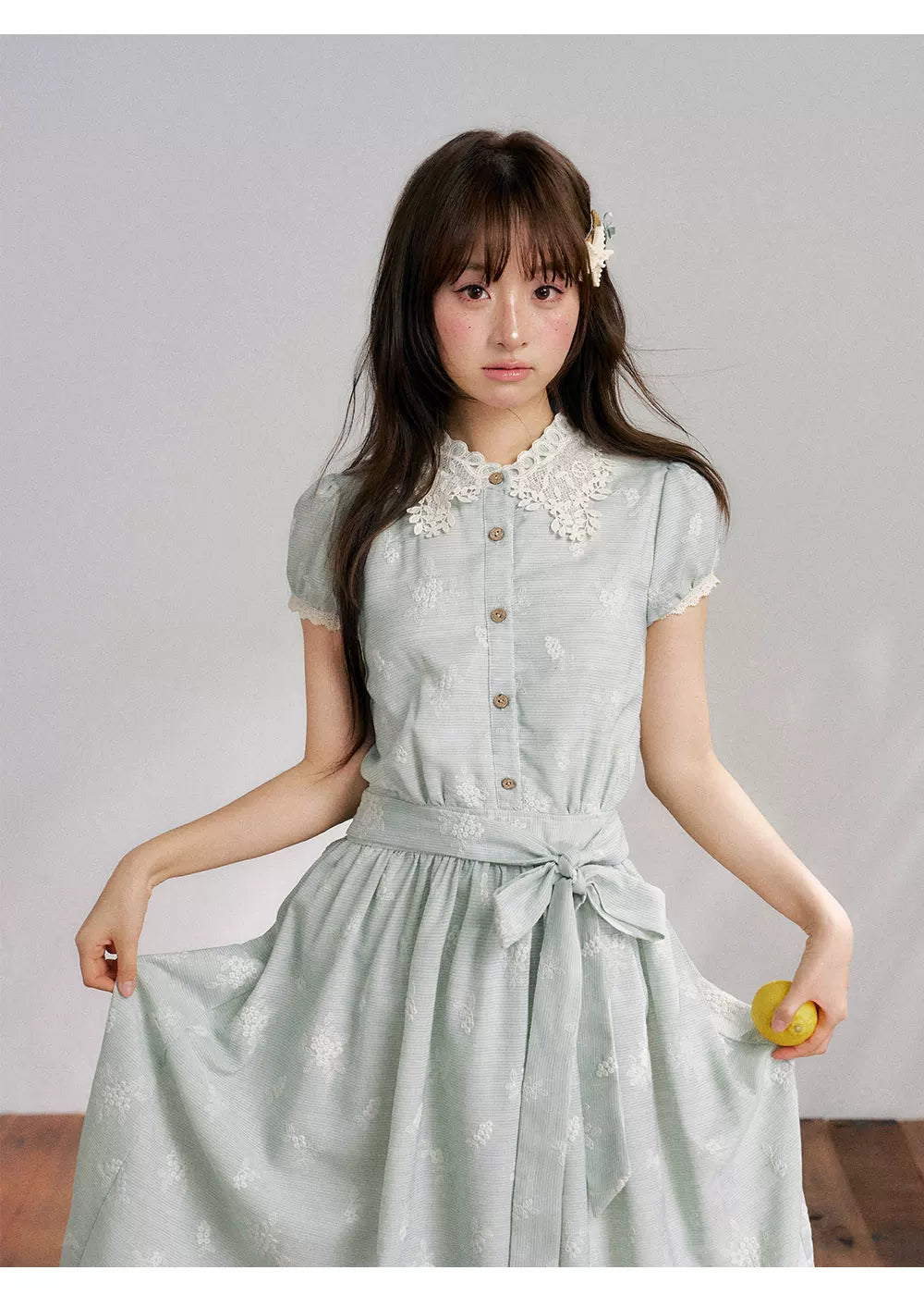 “Sage Meadow Reverie” Sage Green Embroidered Shirt Dress