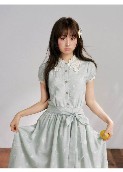 “Sage Meadow Reverie” Sage Green Embroidered Shirt Dress