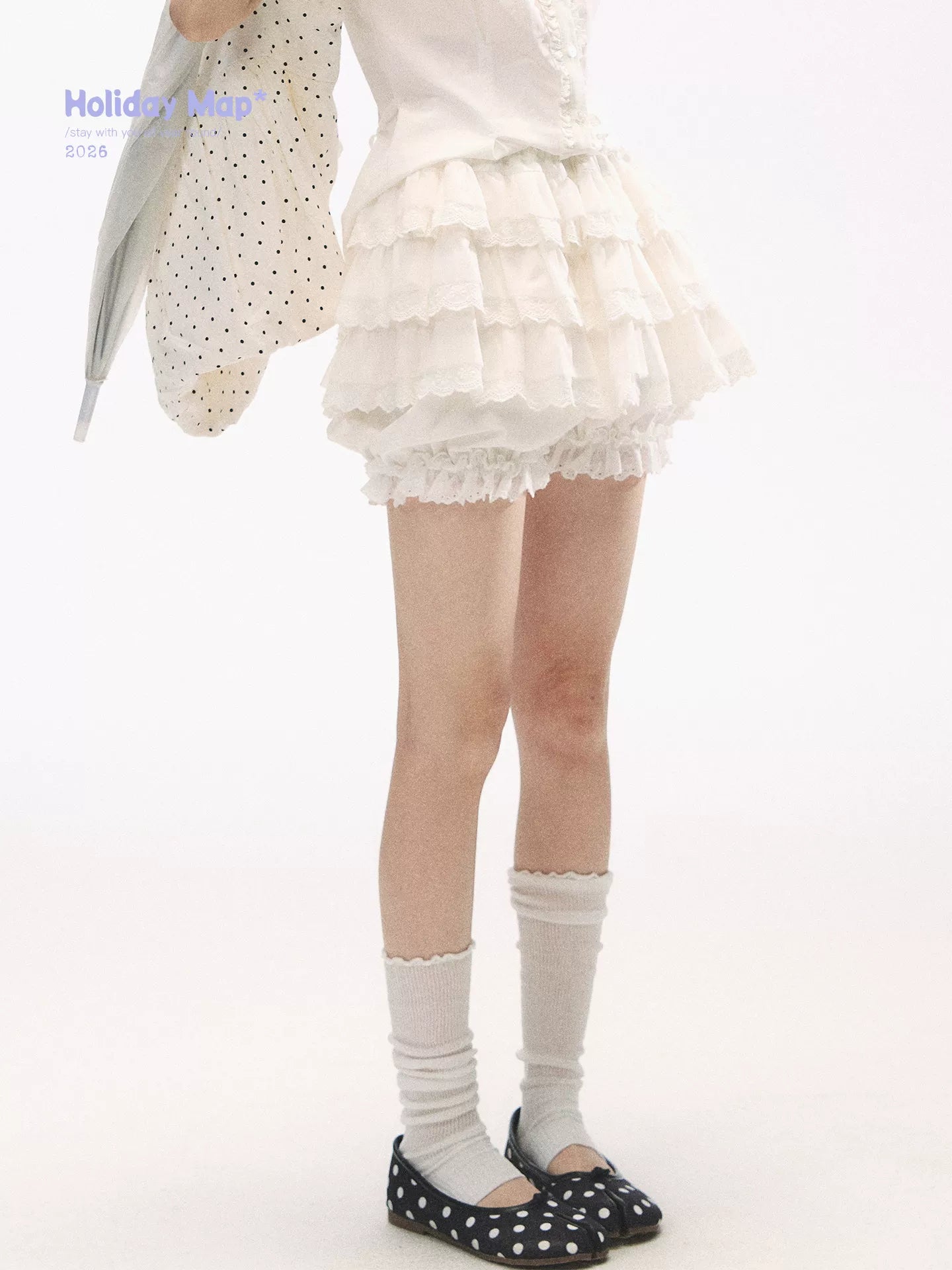 "Lace Soufflé" White Tiered Ruffle Bubble Skort
