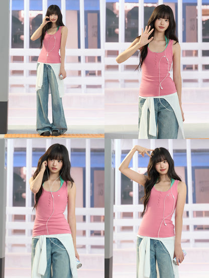 "Everyday Departure" Pink Henley Racerback Tank Top