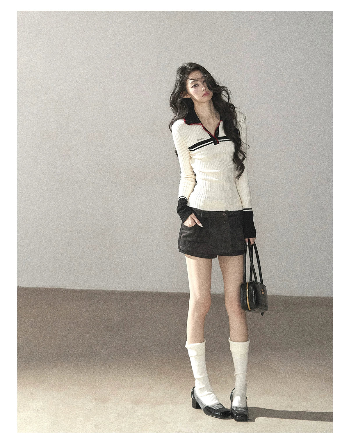 AOMALM - "Soft Moonlight" Cream Almond White American Long-Sleeve Polo Knit Top