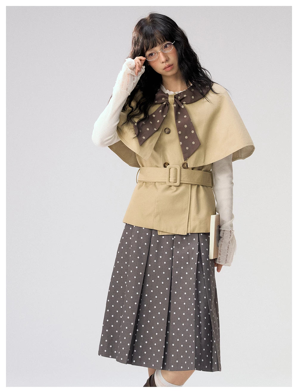[CAN] "Afternoon Tea Break" Khaki Bow Cape Trench Coat Set