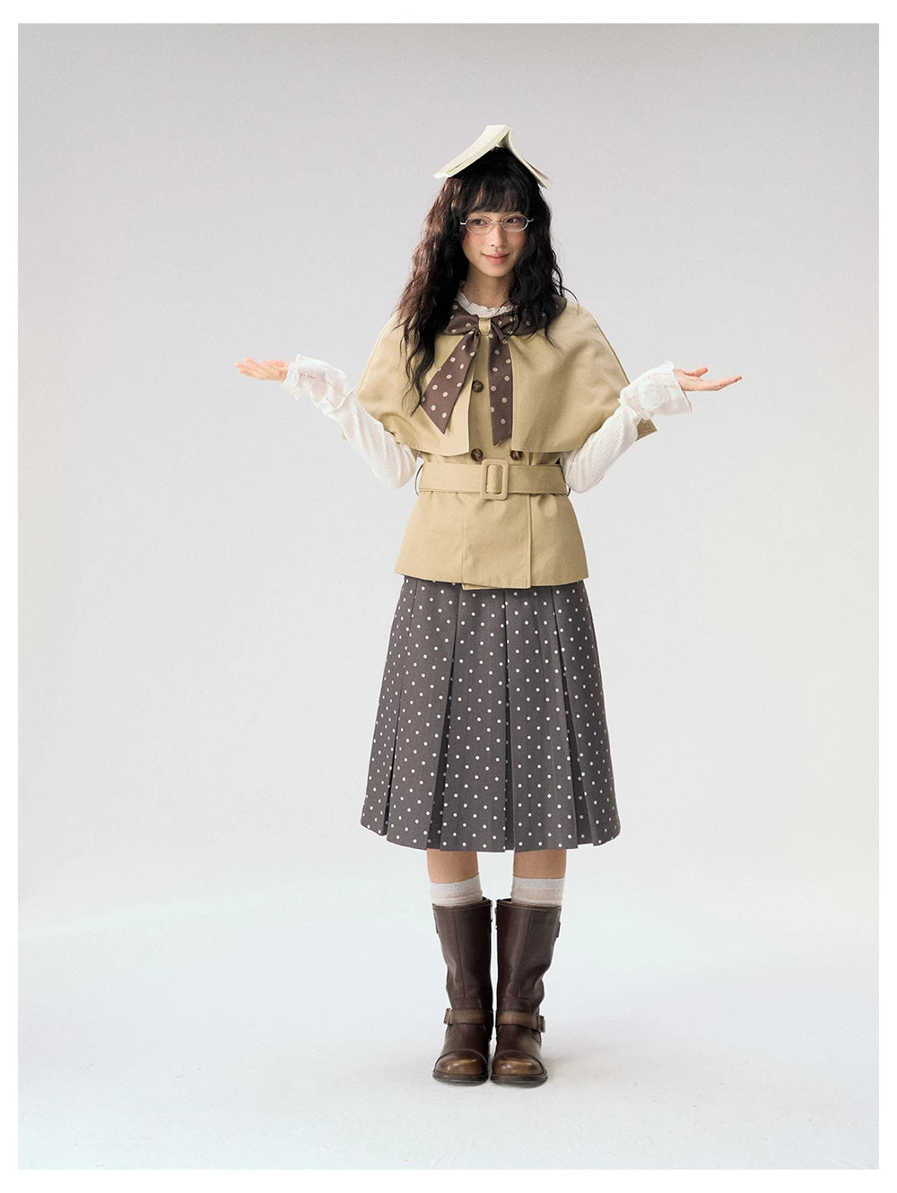 [CAN] "Afternoon Tea Break" Khaki Bow Cape Trench Coat Set