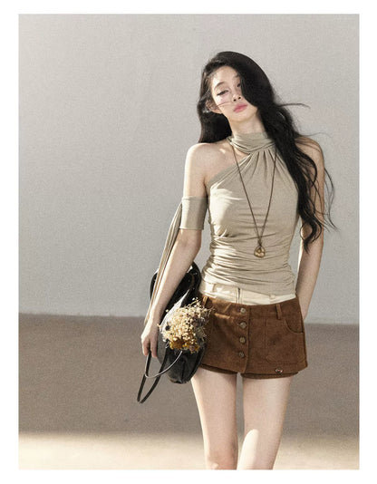 AOMALM - Halter Neck Off-Shoulder Cropped Tee in Milk Tea