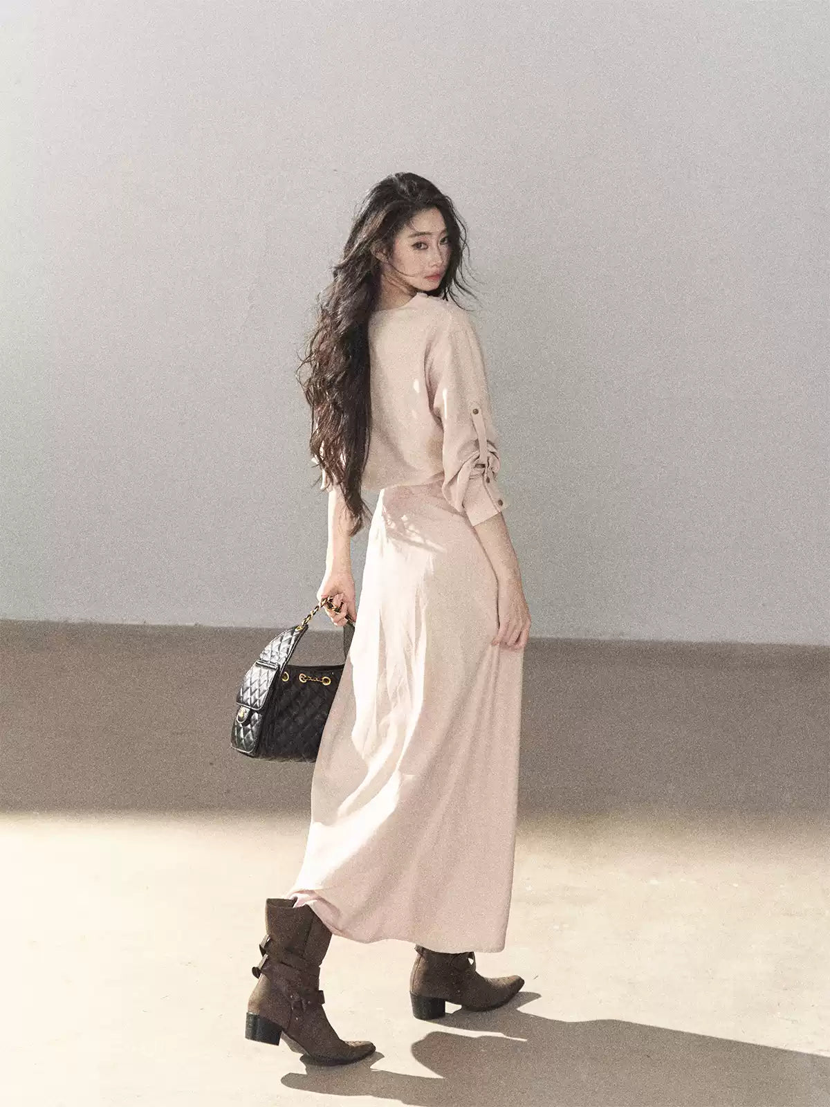 AOMALM - Cinnamon Pink Draped-Neck A-Line Maxi Dress