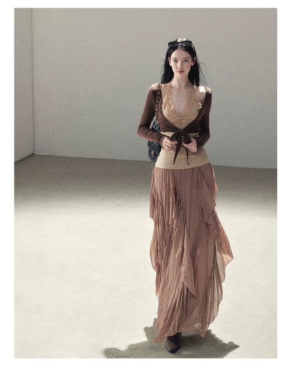 AOMALM - "Tender in This Moment" Rich Cocoa Faux Two-Piece Lace Top