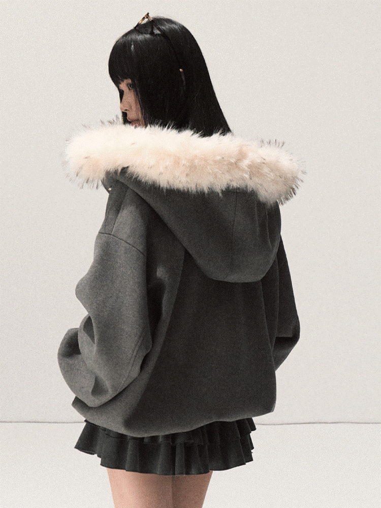 OAKMOO/ Swiss Gray Hooded Zip-Up Jacket with Detachable Faux Fur Collar