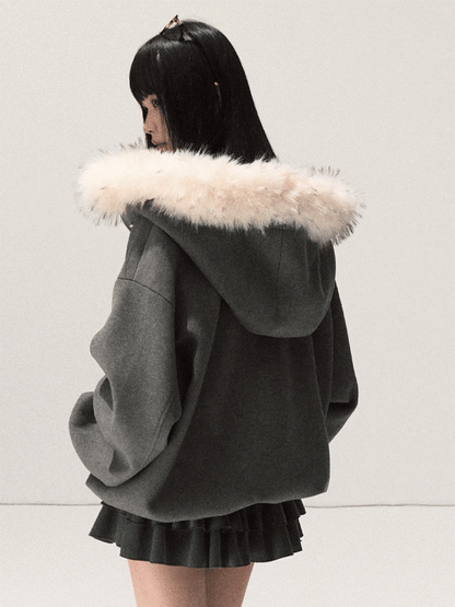 OAKMOO/ Swiss Gray Hooded Zip-Up Jacket with Detachable Faux Fur Collar