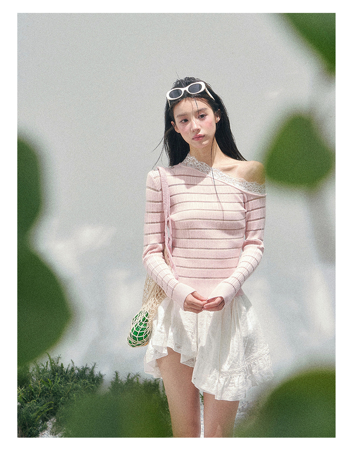 少也眼 “A Gentle Glance” One-Shoulder Lace Knit Long-Sleeve Top - Soft Pink 43552