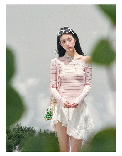 少也眼 “A Gentle Glance” One-Shoulder Lace Knit Long-Sleeve Top - Soft Pink 43552