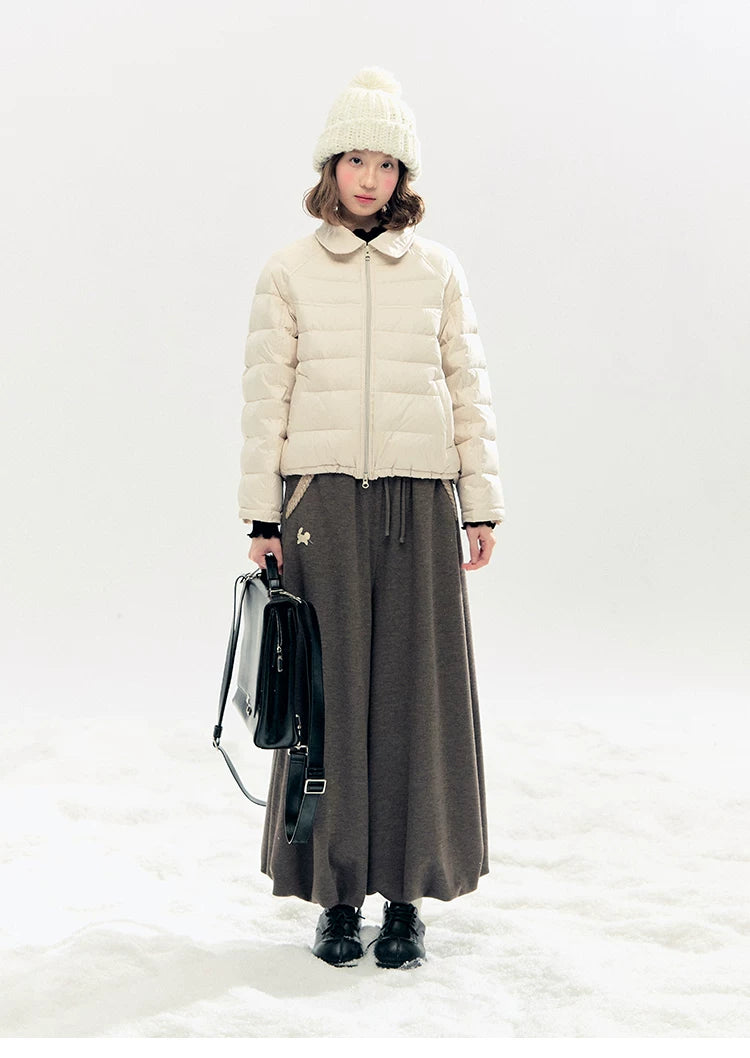 "Bunny Tea Party" Fleece-Lined Balloon Wide-Leg Pants (Hazelnut Brown/ Midnight Gray)
