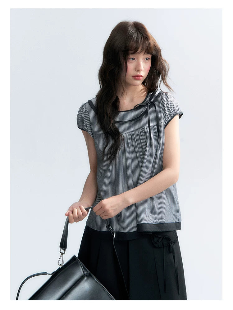 "Black Toast" Black Stripe Asymmetrical Collar Babydoll Blouse