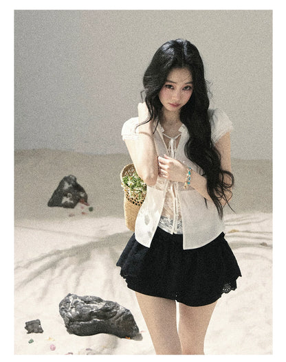 "Lace Between the Lines" Frost White Faux-Layer Cropped Shirt