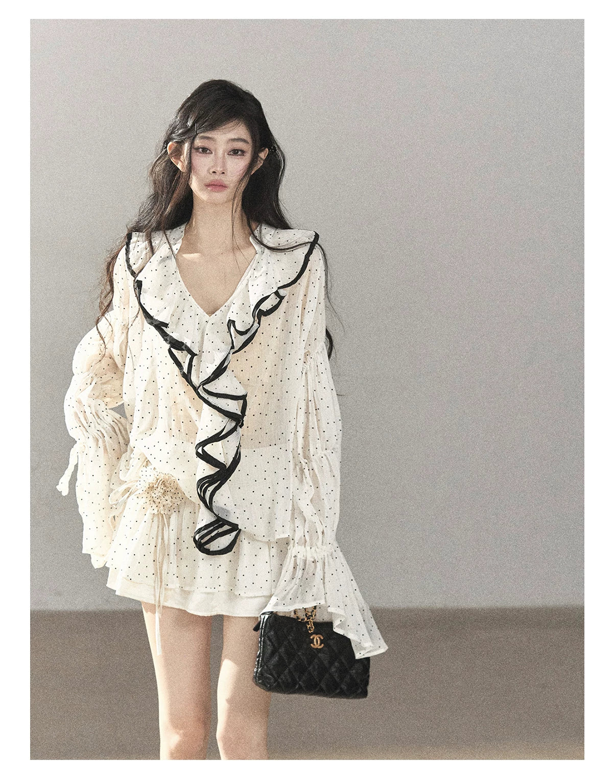 AOMALM - "Gossamer Moonlight" Pearl Shell Chiffon Top & Mini Skirt Set (With Tie & Flower)