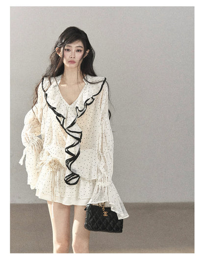 AOMALM - "Gossamer Moonlight" Pearl Shell Chiffon Top & Mini Skirt Set (With Tie & Flower)