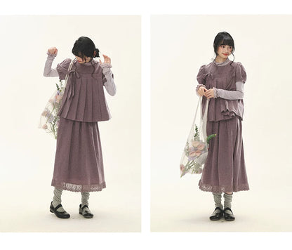 "Whispers Between Pleats" Gray Grape Purple Pleated Top & Maxi Skirt Set