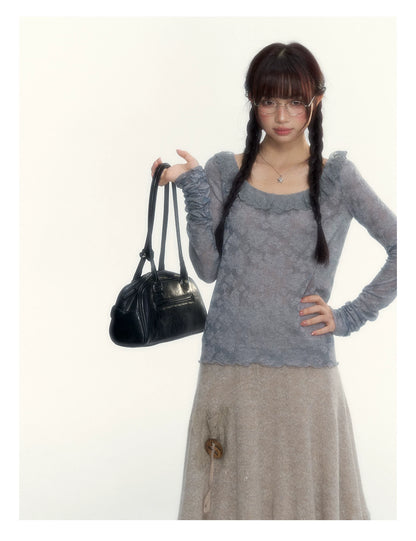 “Everyday Mist” Jacquard Lace Layering Top ( Ivory / Fog Gray )