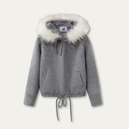 SunsetPark - "Warm Winter Days" Faux Fur Collar Wool-Blend Top Coat (Gray / Pink)
