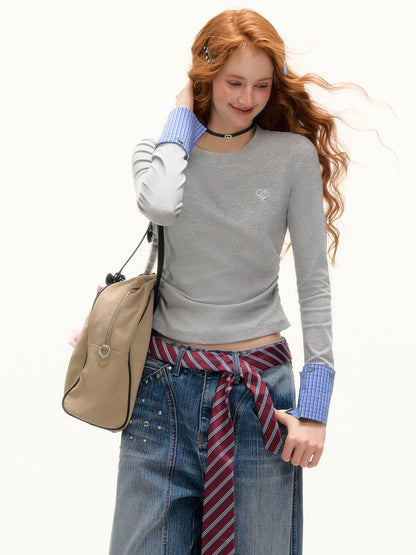 ASGONY - Preppy Detachable Plaid Cuff Long Sleeve Tee (Light Gray)