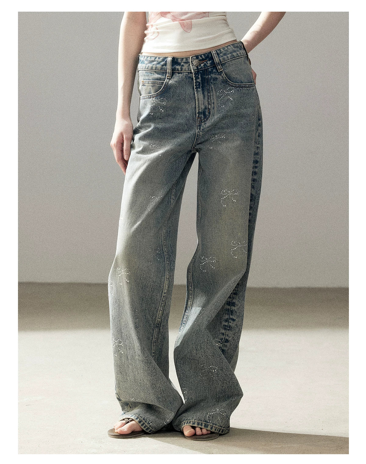 "Passing By the Sea" Vintage Blue Rhinestone Bow Wide-Leg Jeans