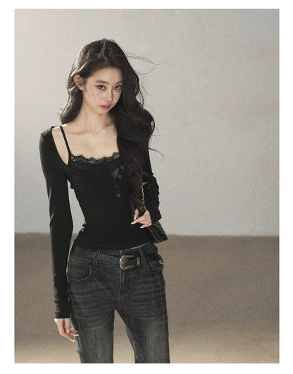 AOMALM - "Dappled Tree Shadows" Serene Black Korean Lace Camisole Long-Sleeve Top Set