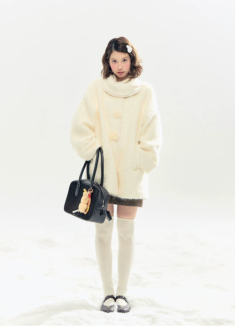 "Snow-Kissed Sakura" Ivory Wool-Blend Quilted Mid-Length Coat with Detachable Plush Flowers