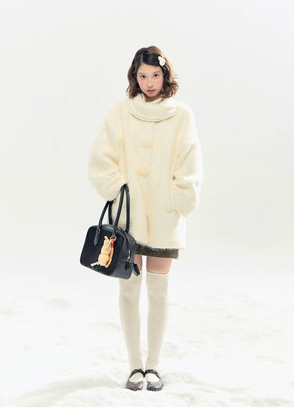 "Snow-Kissed Sakura" Ivory Wool-Blend Quilted Mid-Length Coat with Detachable Plush Flowers