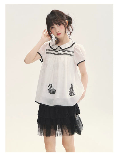 "Black & White Sonata" Polka Dot Mesh Tiered Jellyfish Skirt (White/ Black)