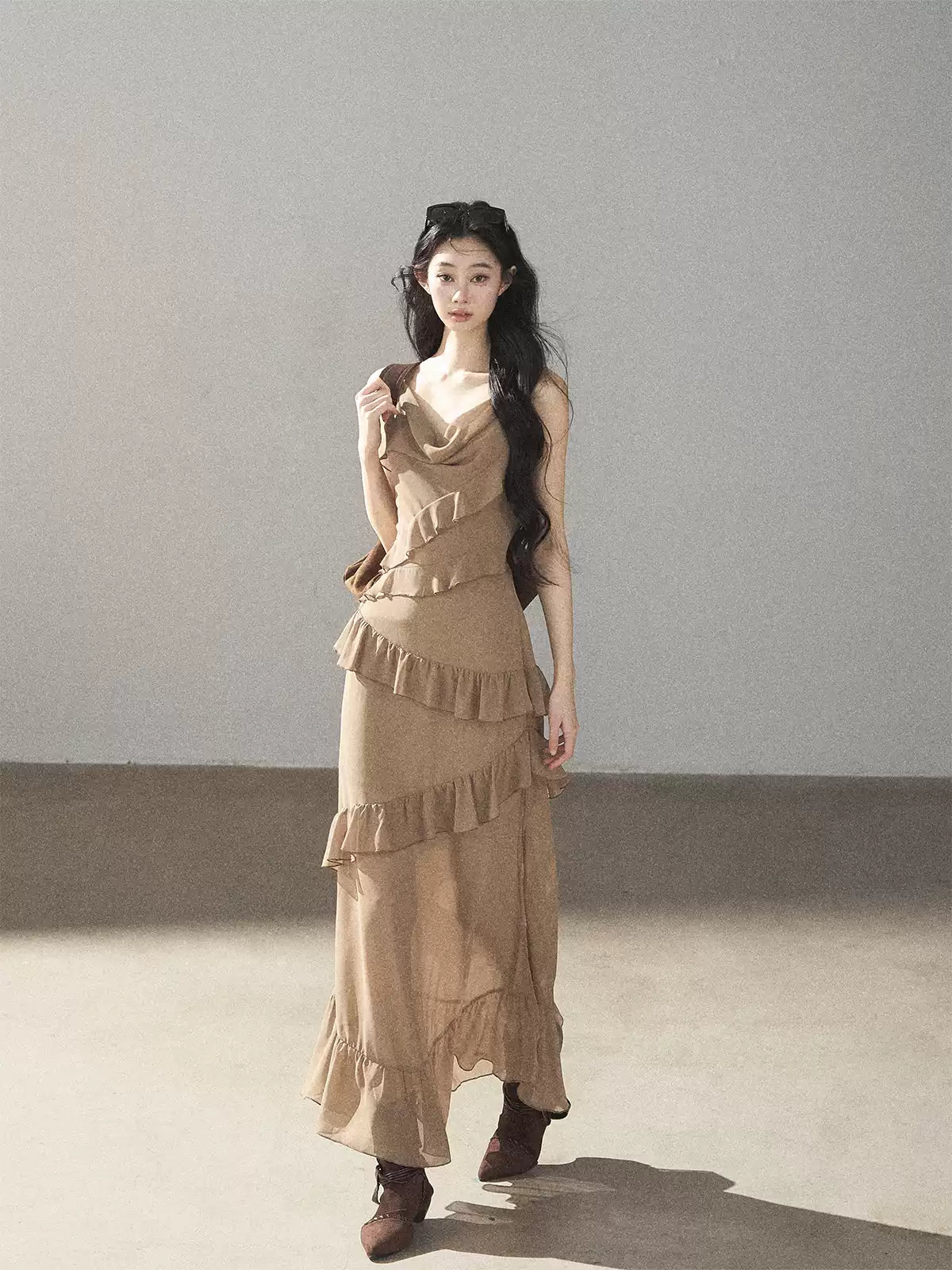 AOMALM - Cinnamon Gray-Brown Ruffle Chiffon Maxi Dress