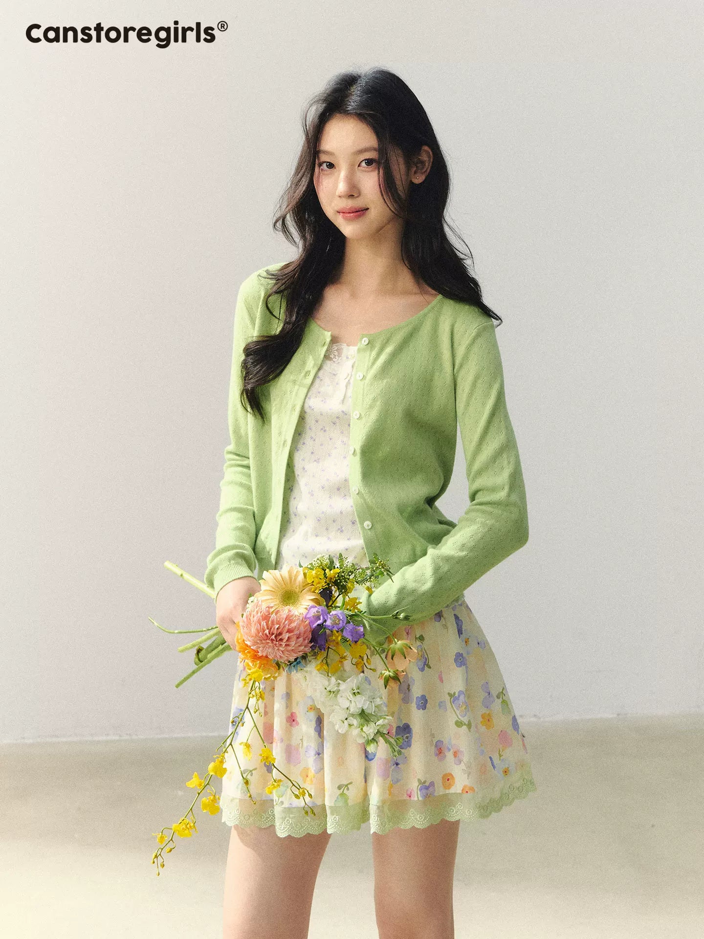 "Summer Meadow Sky" Knit Cardigan & Floral Pleated Skirt Set LL2026010