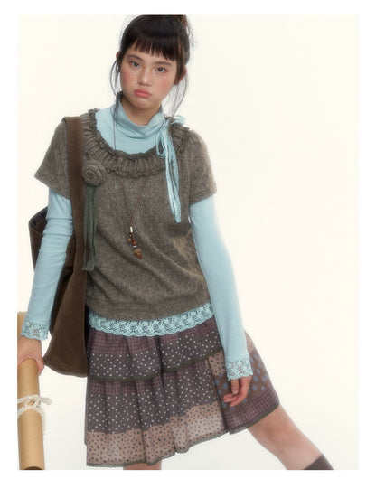 “Hazelnut Mousse” Tea Brown Vintage 3D Floral Ruffle Knit Top