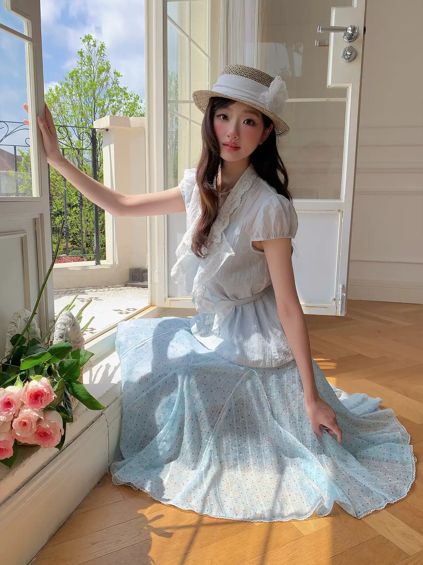 “Blue Breeze Sonata” Blue Ruffle Lace Blouse